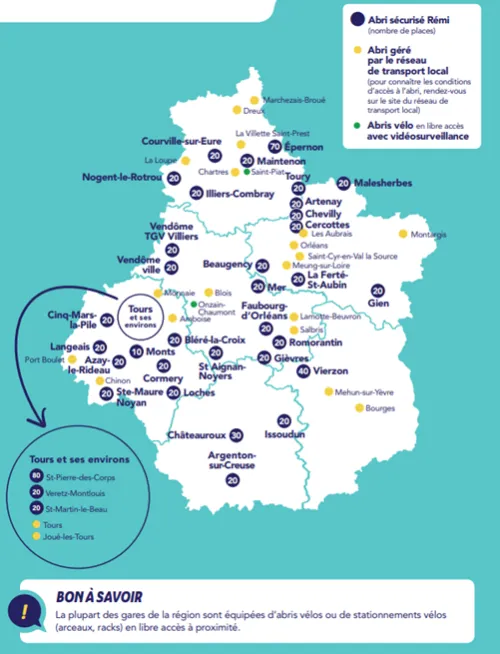 Les gares suivantes sont équipées d’abris sécurisés Rémi : Langeais (20 places), Cinq-Mars-la-Pile (20 places), Azay-le-Rideau (20 places), Monts (10 places), Sainte-Maure Noyan (20 places), Comery (20 places), Loches (20 places), Bléré-la-Croix (20 places), Saint-Pierre-des-Corps (80 places), Veretz-Montlouis (20 places), Saint-Martin-le-Beau (20 places), Vendôme ville (20 places), Vendôme TGV Villiers (20 places), Saint-Aignan-Noyers (20 places), Mer (20 places), Faubourg-d'Orléans (20 places), Romorantin